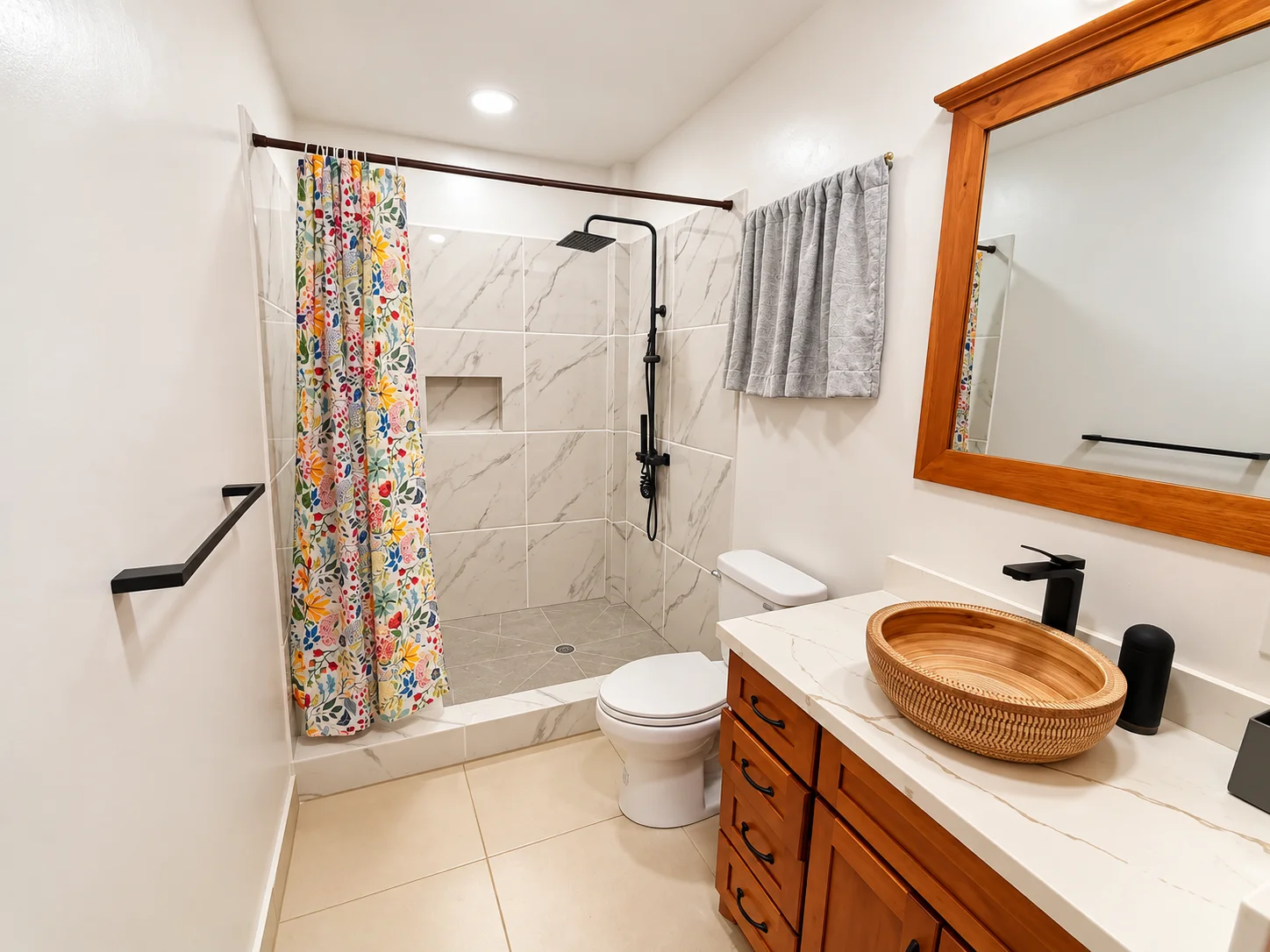 Spacious bathroom with tiled walk-in shower