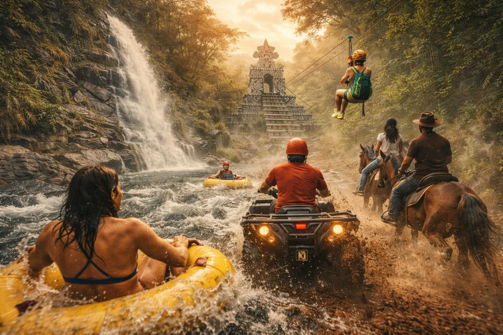 Jungle waterfall and adventure activities at Maya World