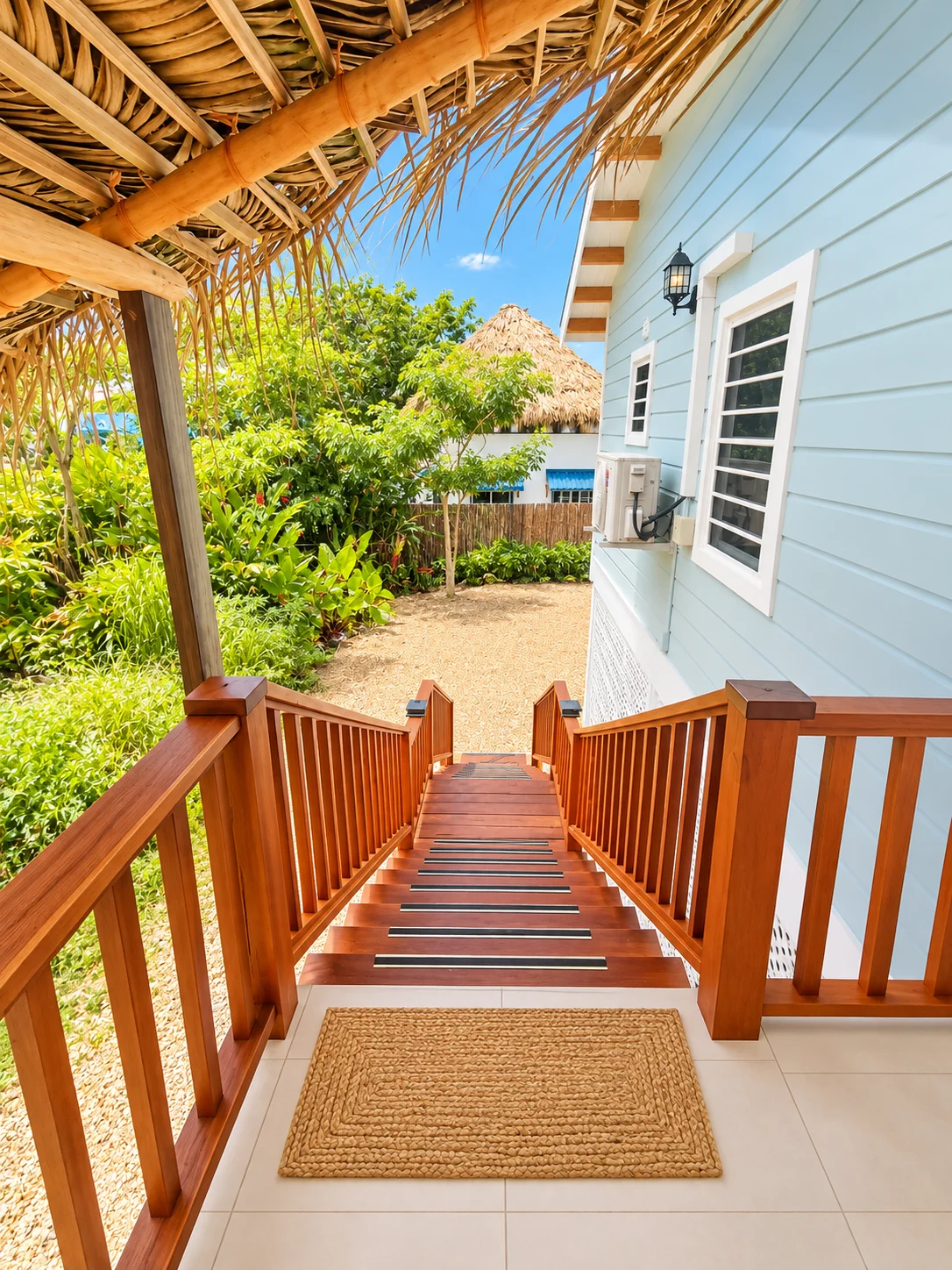 Screened veranda entry with Belizean hardwood details